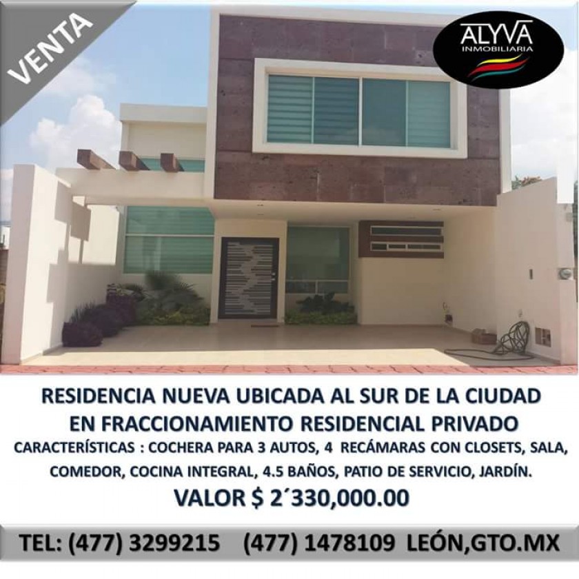 Residencia nueva en Fracc. Residencial lado sur en León de los Aldama, Guanajuato 
